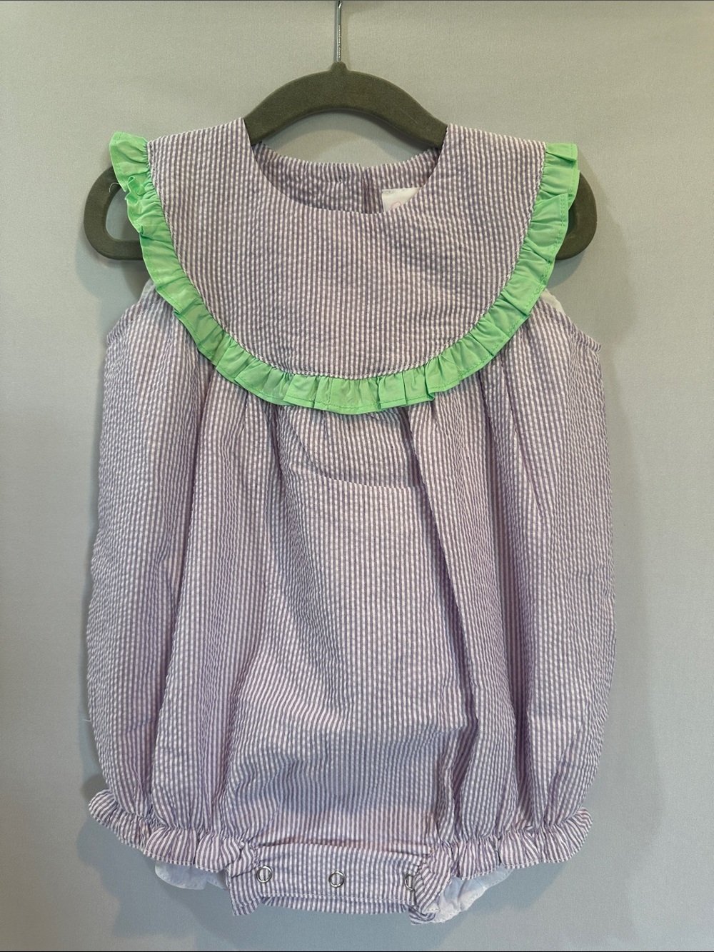 Lilac Seersucker Baby One-Piece with Green Ruffle Collar